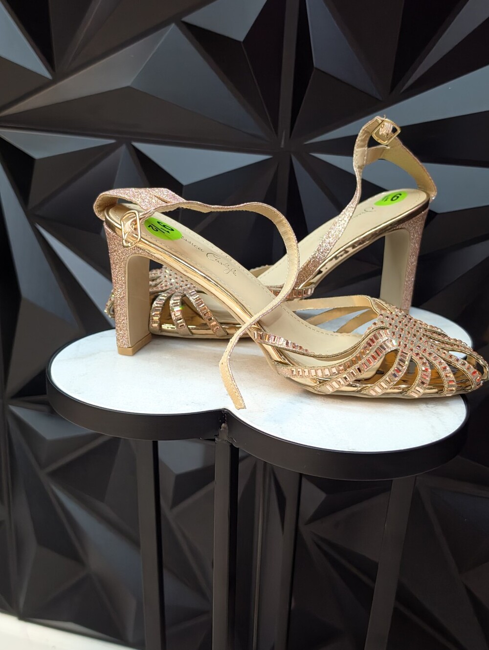 Women's Sparkling Rose Gold Block Heel Sandals with Ankle Strap
